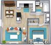 Three dimensional floor plan of a one bedroom apartment with furniture at Stone Oak Apartments in Independence, Missouri